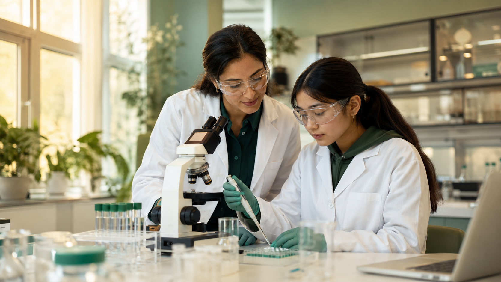 学生在科学家指导下进行生物医学实验研究